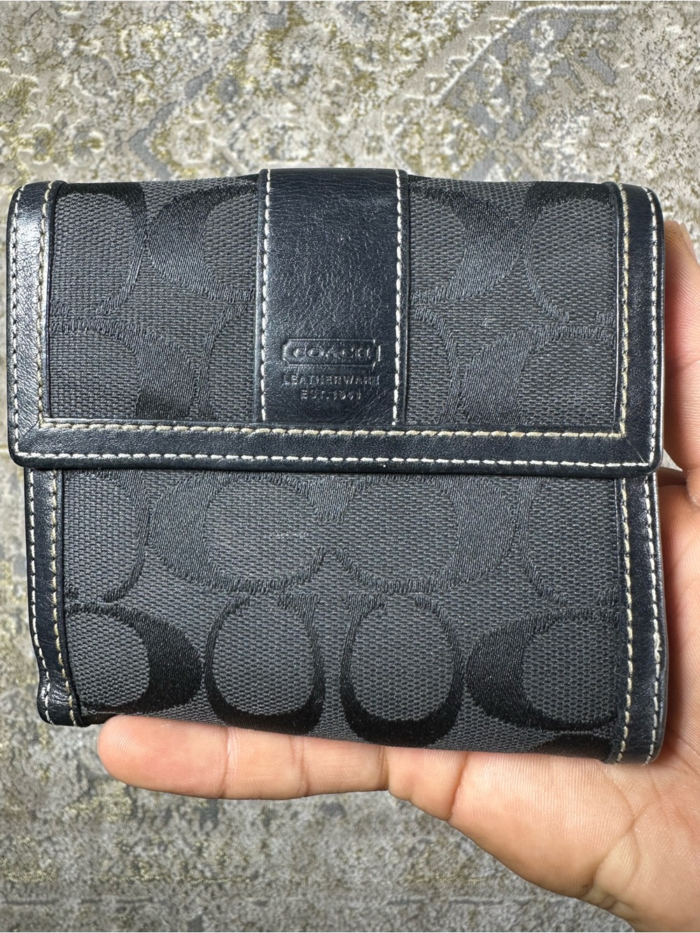 Authentic Vintage Y2K Coach Signature Jacquard Flap Compact Wallet Black C Logo